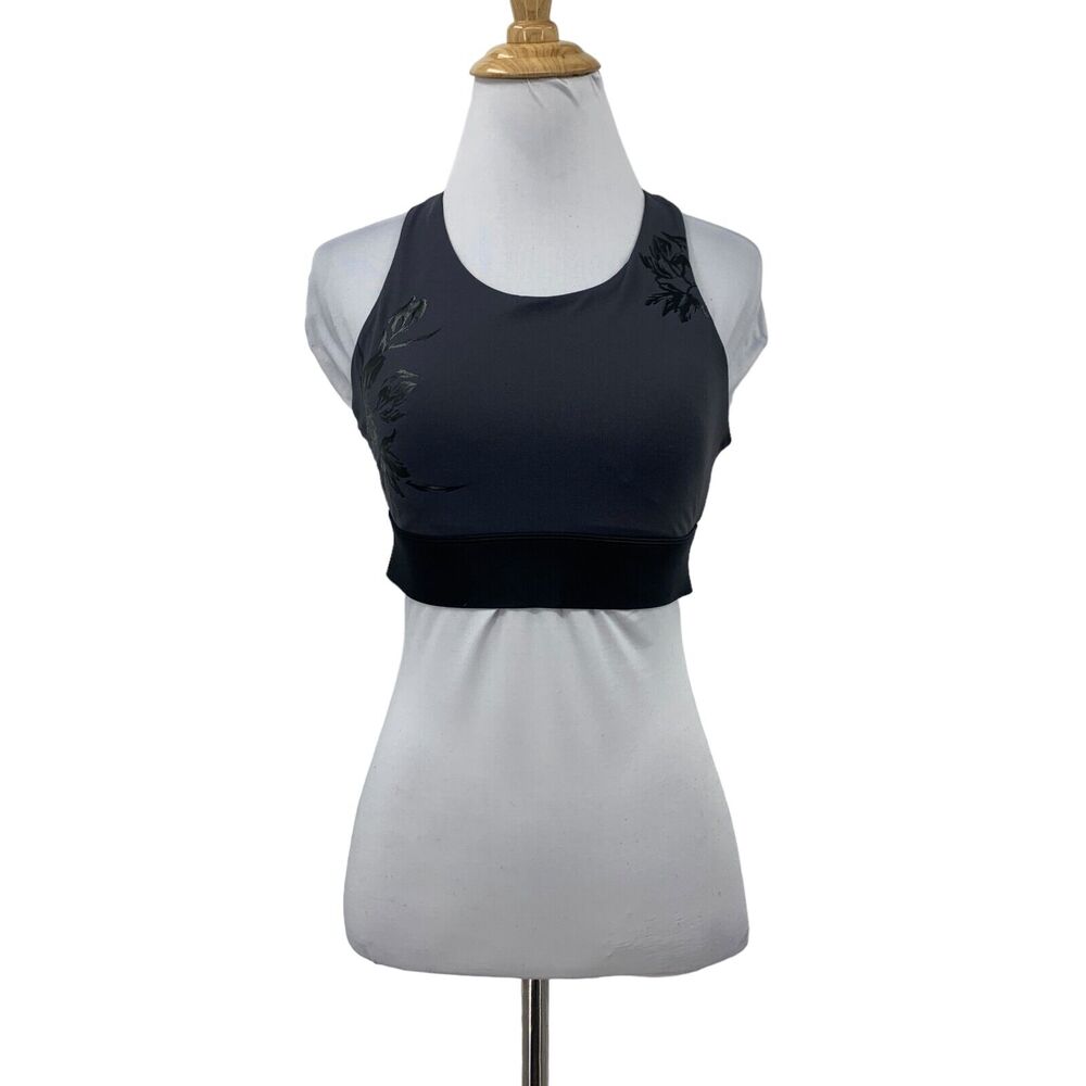 Fabletics Ella High Impact Sports Bra Womens S Small Gray Cross Back Floral Etch
